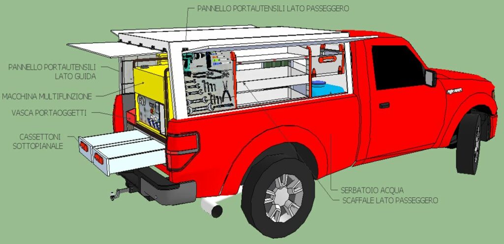 Allestimento su misura per realizzato su Renault Master con scaffalature modulari per organizzare utensili e materiali