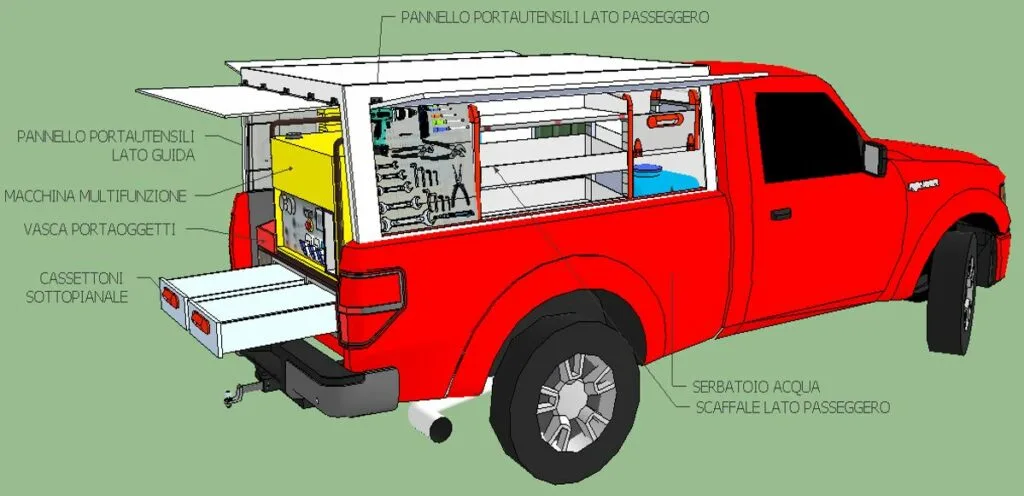 Allestimento su misura per realizzato su Renault Master con scaffalature modulari per organizzare utensili e materiali